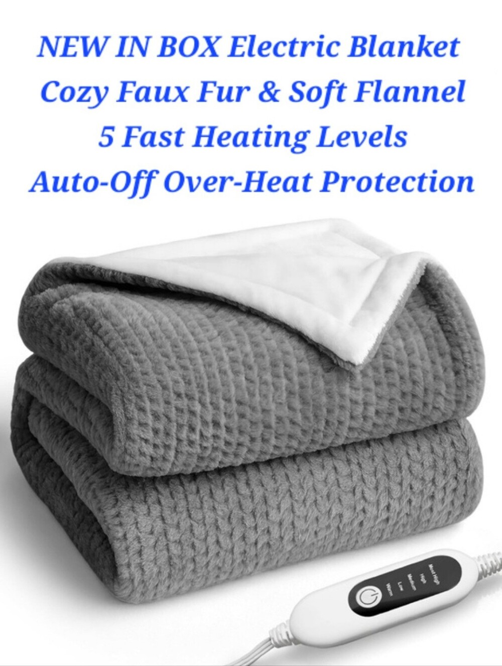 Heated Blanket Electric Blanket Cozy Faux Fur & Soft Flannel 50" x 60" Auto Off